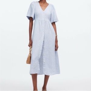Madewell Cassie Button-Front Midi Dress in Linen Powder Blue Stripe Size XXS